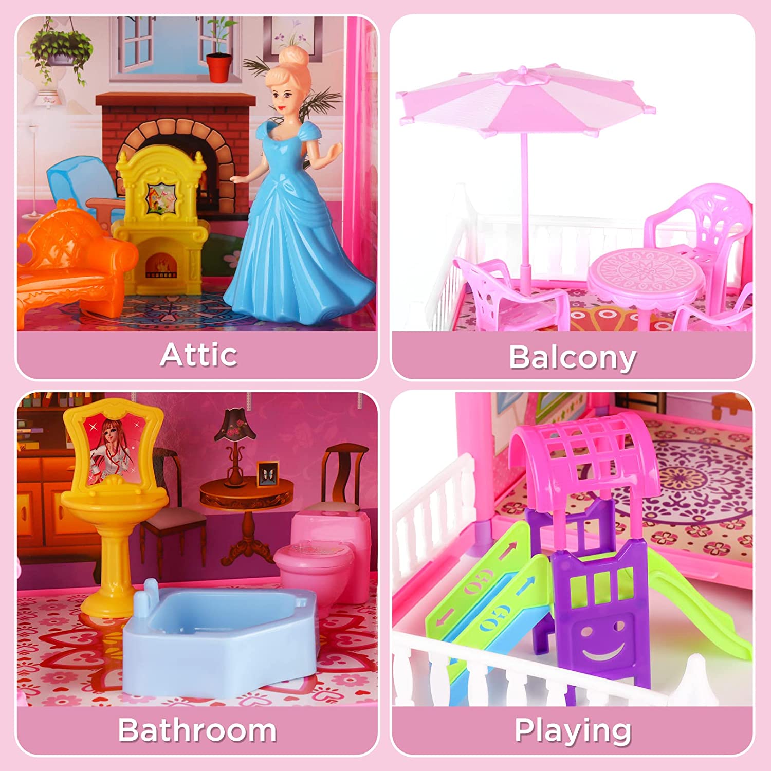 Princess My first Dolls House Kids Pink Grand Four Story Castle Dolls House Playset With Furniture Outdoor Space Open Sided For Girls