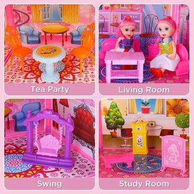Princess My first Dolls House Kids Pink Grand Four Story Castle Dolls House Playset With Furniture Outdoor Space Open Sided For Girls