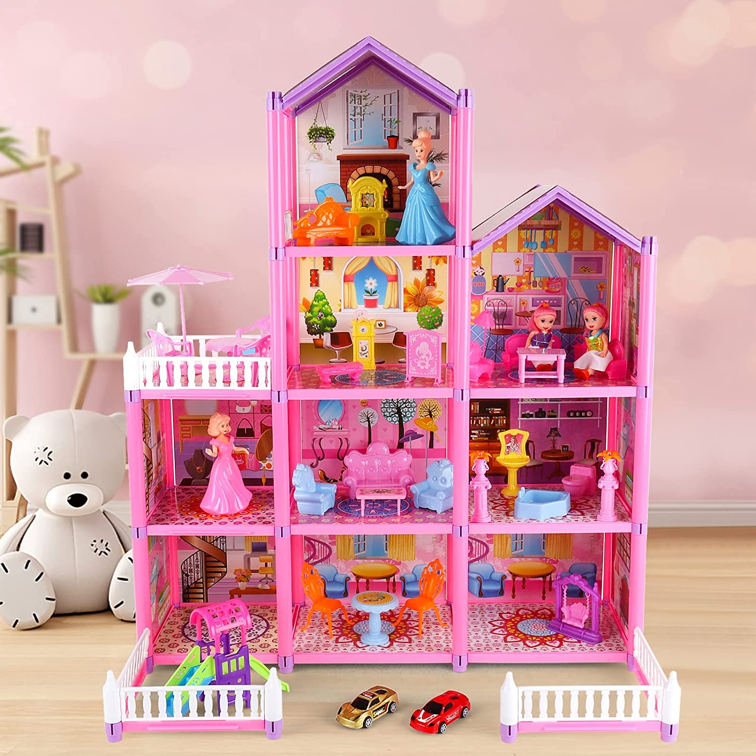Princess My first Dolls House Kids Pink Grand Four Story Castle Dolls House Playset With Furniture Outdoor Space Open Sided For Girls