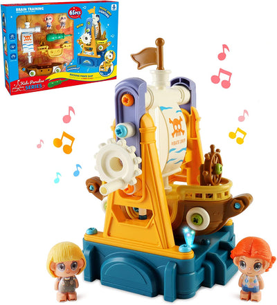 Set de construcción de barco pirata DIY con luz y música, juguetes educativos para niños, juguetes de construcción de piratas, regalo para Navidad y cumpleaños