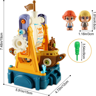 Set de construcción de barco pirata DIY con luz y música, juguetes educativos para niños, juguetes de construcción de piratas, regalo para Navidad y cumpleaños