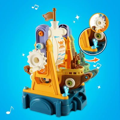 Set de construcción de barco pirata DIY con luz y música, juguetes educativos para niños, juguetes de construcción de piratas, regalo para Navidad y cumpleaños