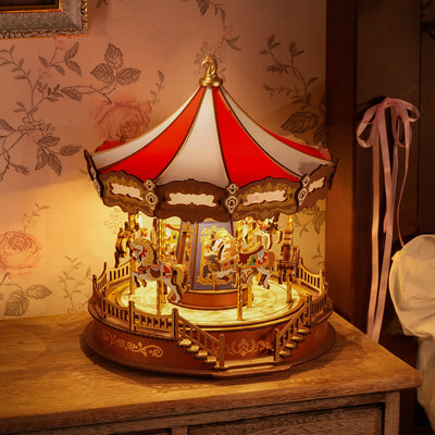Puzzle en bois 3D Carrousel classique — Boîte à musique rotative avec lumières LED