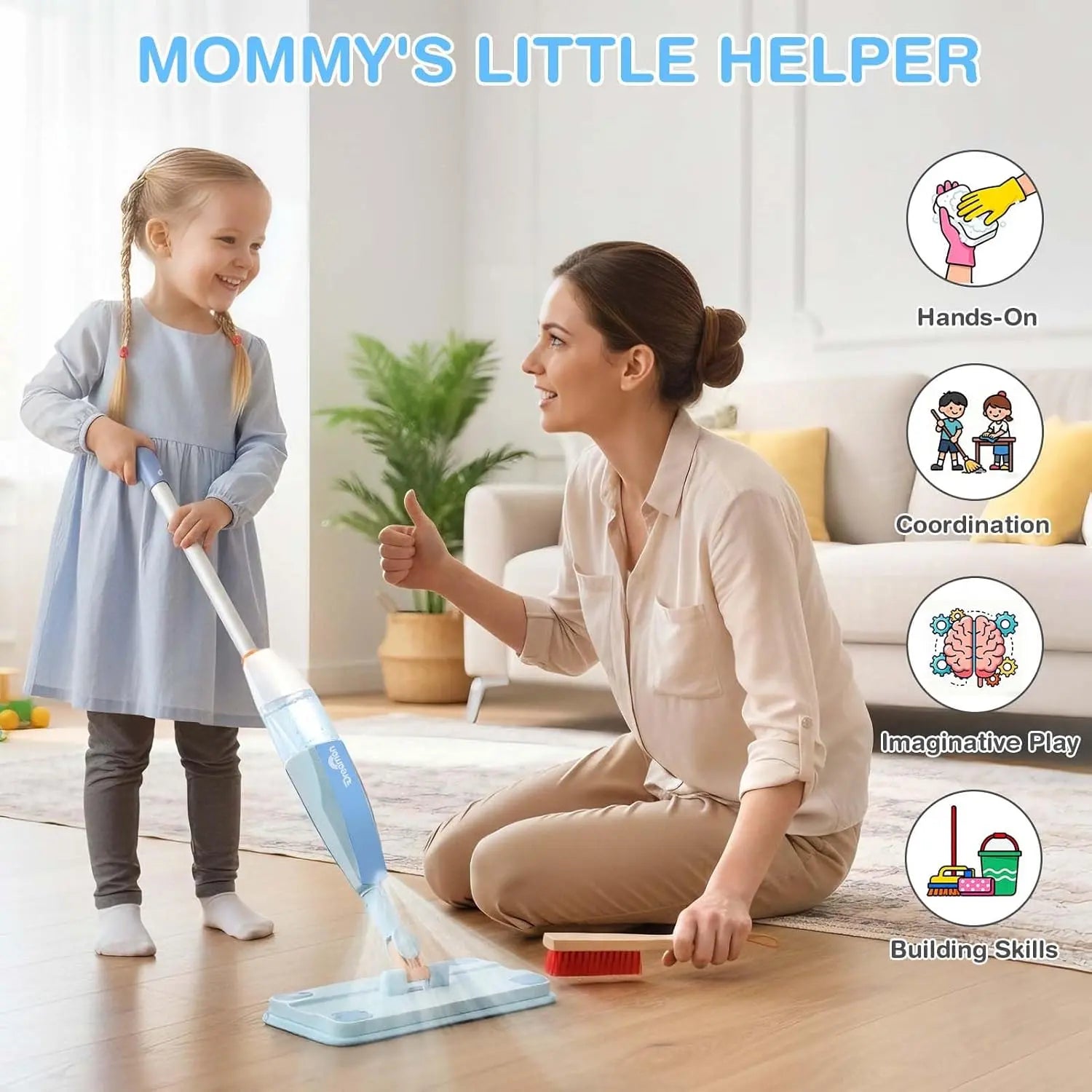 Juego de limpieza de madera para niños pequeños con fregona pulverizadora real, edades 3-6