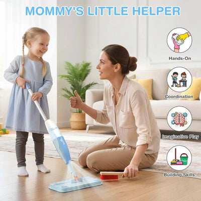 Juego de limpieza de madera para niños pequeños con fregona pulverizadora real, edades 3-6