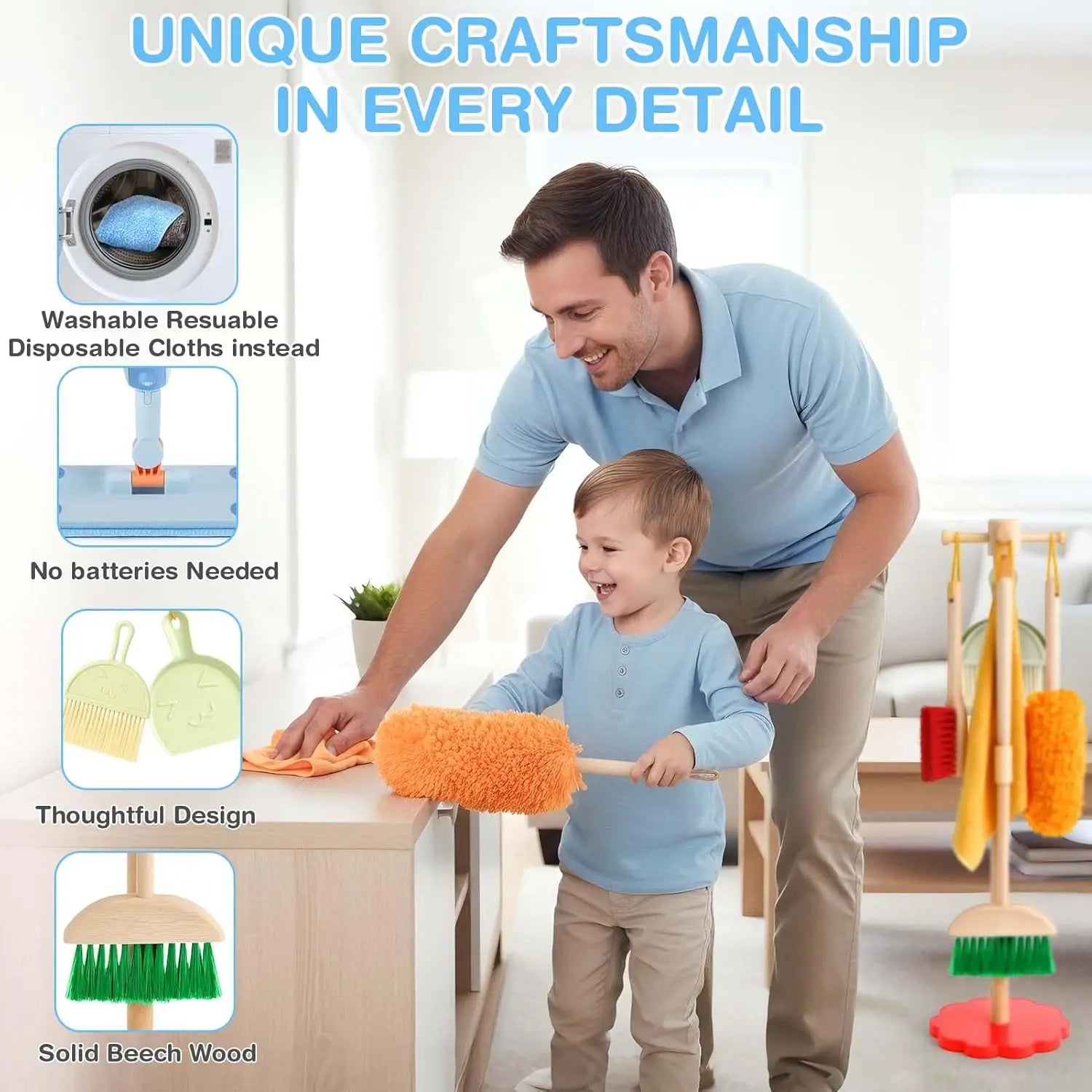 Juego de limpieza de madera para niños pequeños con fregona pulverizadora real, edades 3-6