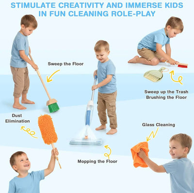 Juego de limpieza de madera para niños pequeños con fregona pulverizadora real, edades 3-6