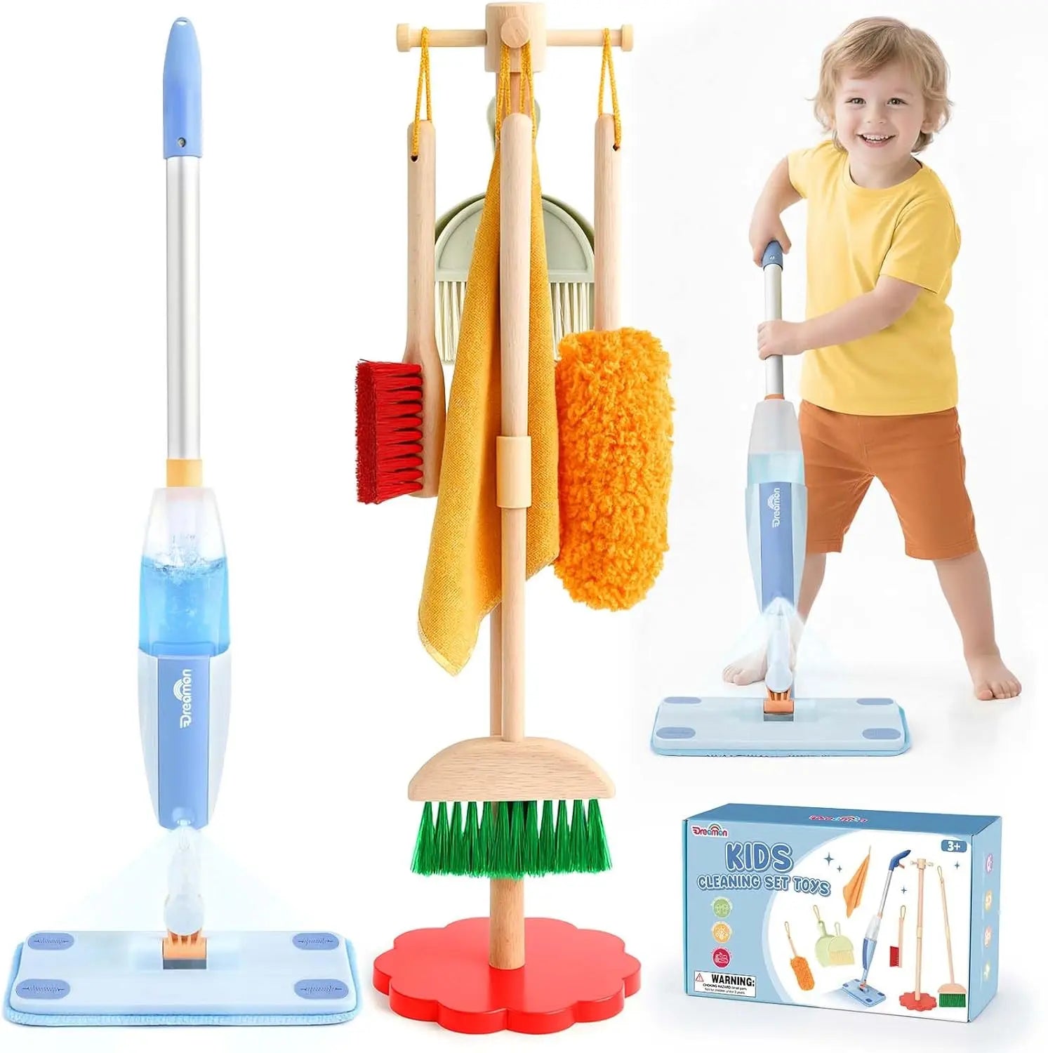 Juego de limpieza de madera para niños pequeños con fregona pulverizadora real, edades 3-6