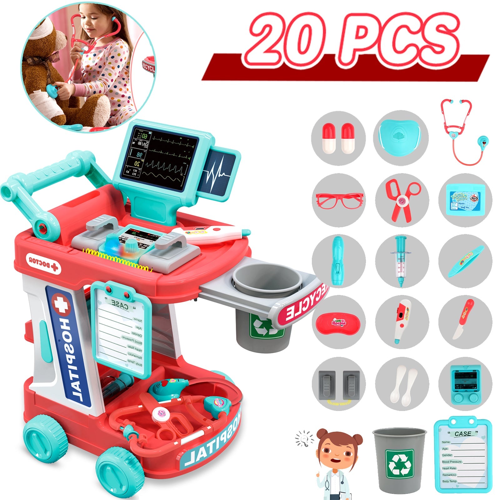 20 PCS Educational Pretend Medical Station Set Doctor Kit for Kids Portable Role Play Set with Deluxe Accessories Prefect Gift -Pink