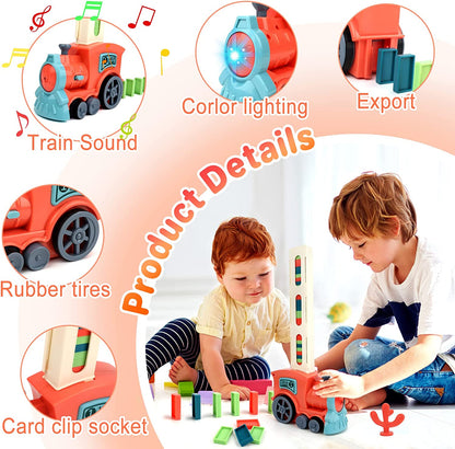 Automatic Domino Laying Electric Train Toy Set with 60Pcs Domino Blocks Sound and Light Kids Stacking Toys Domino Game for Kids (Pink)
