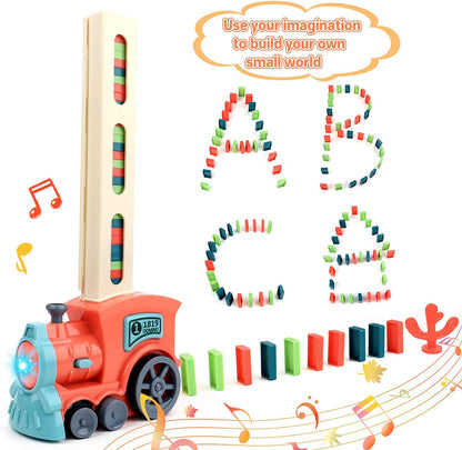 Automatic Domino Laying Electric Train Toy Set with 60Pcs Domino Blocks Sound and Light Kids Stacking Toys Domino Game for Kids (Pink)