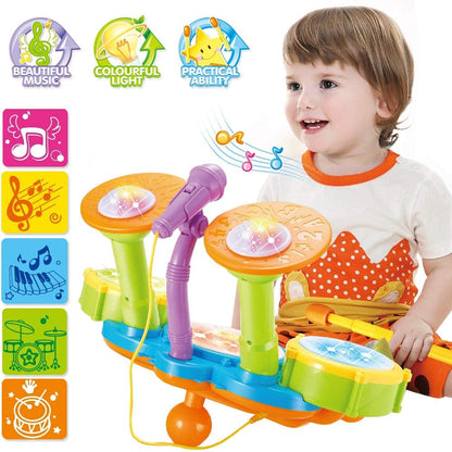 Beginners Musical Table Top Drum Kit Play Set with Drum Sticks, Microphone Light Features Interactive Music and Sounds for Kids