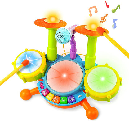Beginners Musical Table Top Drum Kit Play Set with Drum Sticks, Microphone Light Features Interactive Music and Sounds for Kids