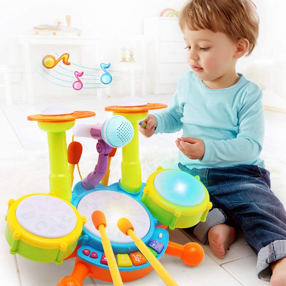 Beginners Musical Table Top Drum Kit Play Set with Drum Sticks, Microphone Light Features Interactive Music and Sounds for Kids
