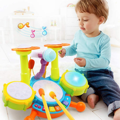 Beginners Musical Table Top Drum Kit Play Set with Drum Sticks, Microphone Light Features Interactive Music and Sounds for Kids