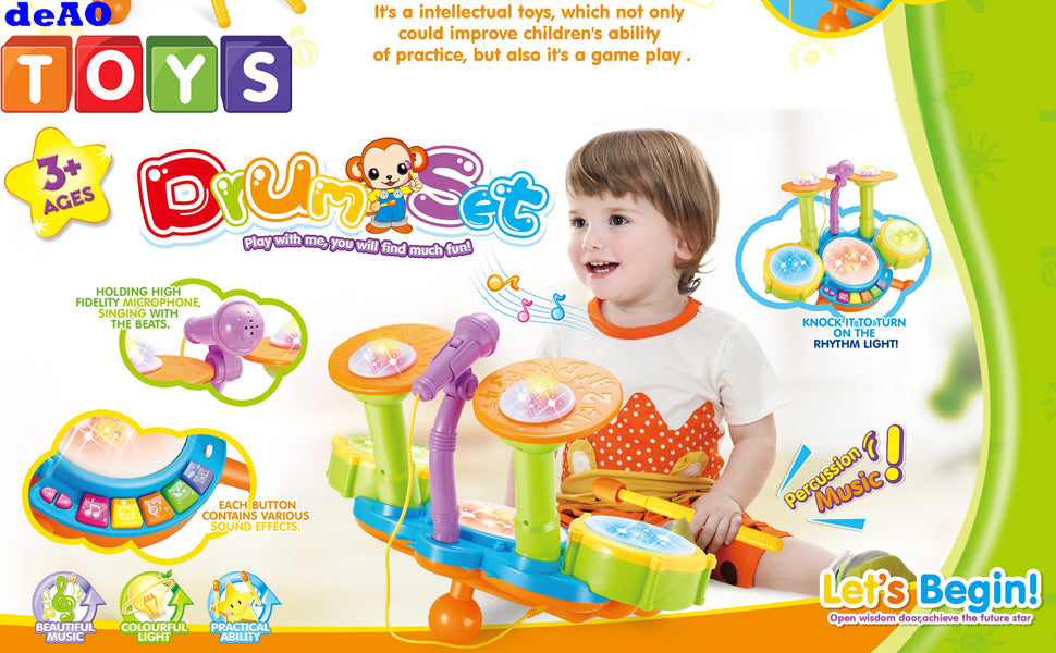 Beginners Musical Table Top Drum Kit Play Set with Drum Sticks, Microphone Light Features Interactive Music and Sounds for Kids