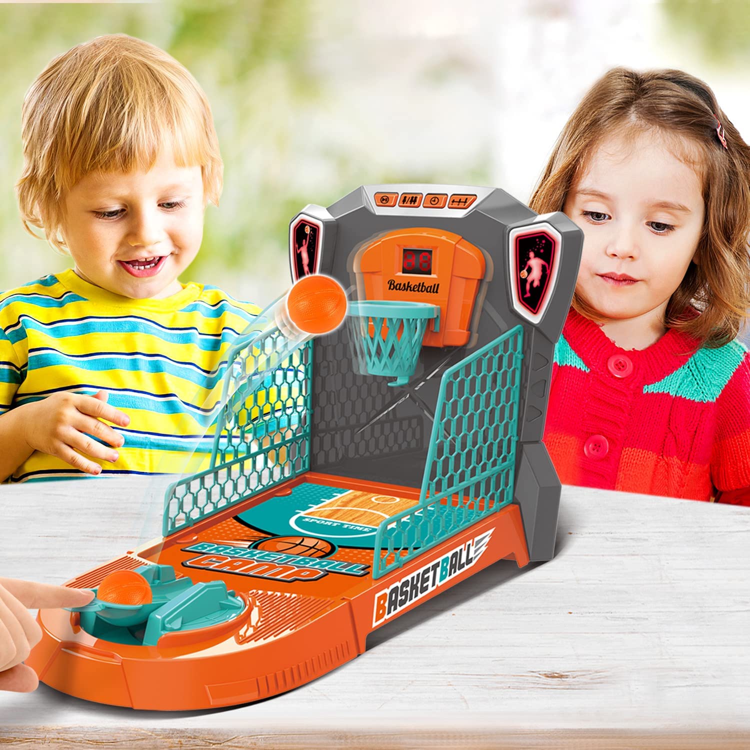 Kids Mini Basketball Hoop Shooting Target Game Toy Indoor Outdoor Desktop Table Sized Basketball Court Moveable Basket Light and Score