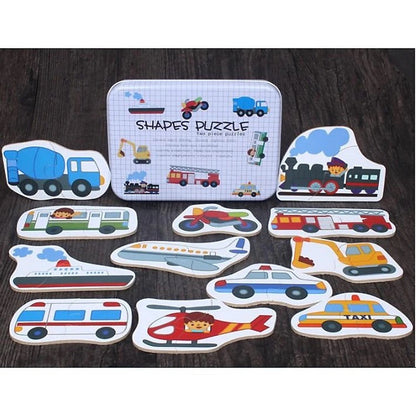 Wooden 2 pc shape puzzle with steel box Vehicles - EKT2688
