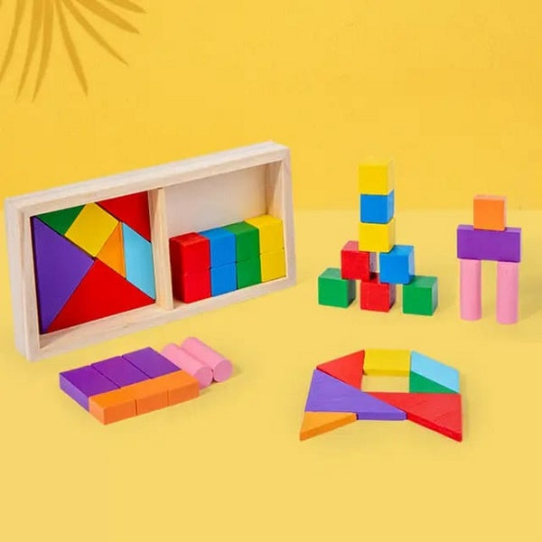 Wooden Shape and Building Block Set | Tangram Pieces & Creative Construction Toy