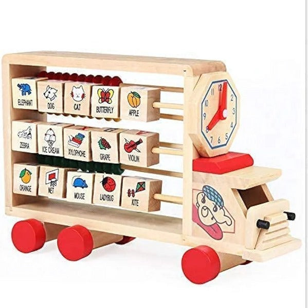 3-in-1 Wooden Learning Vehicle | Abacus, Time-Telling & English Words