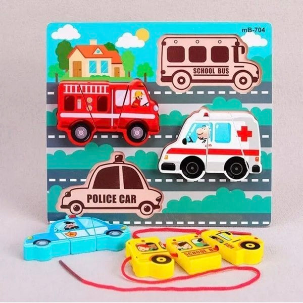 Wooden Chunkey Traffic Puzzle With Lacing Board - EKT3326