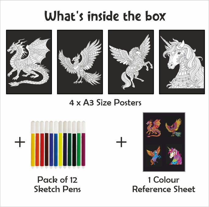 Doodle Coloring Kit - 4 *A3 Size Posters - Fantasy - EKT3714