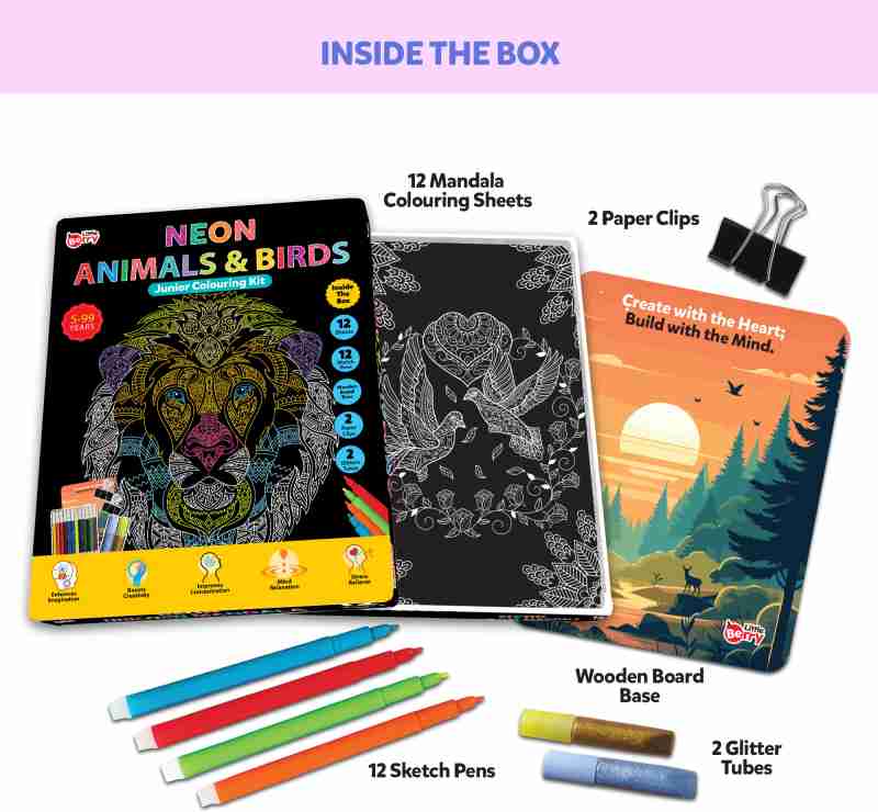 Neon Animals & Birds Junior Colouring Kit | Mandala Sheets - EKT3745