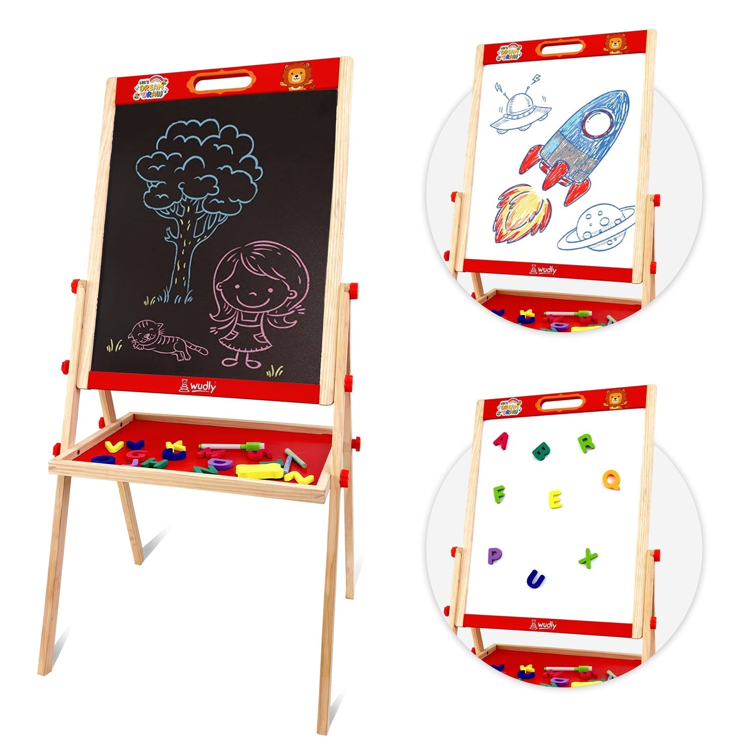3-in-1 Wooden Easel Board for Kids | Black Surface, White Panel, Chalk Writing Display - EKT3824