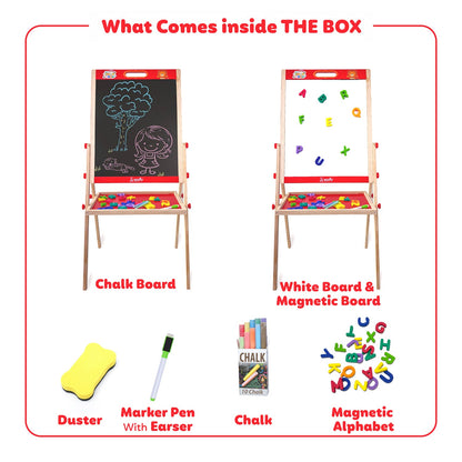 3-in-1 Wooden Easel Board for Kids | Black Surface, White Panel, Chalk Writing Display - EKT3824