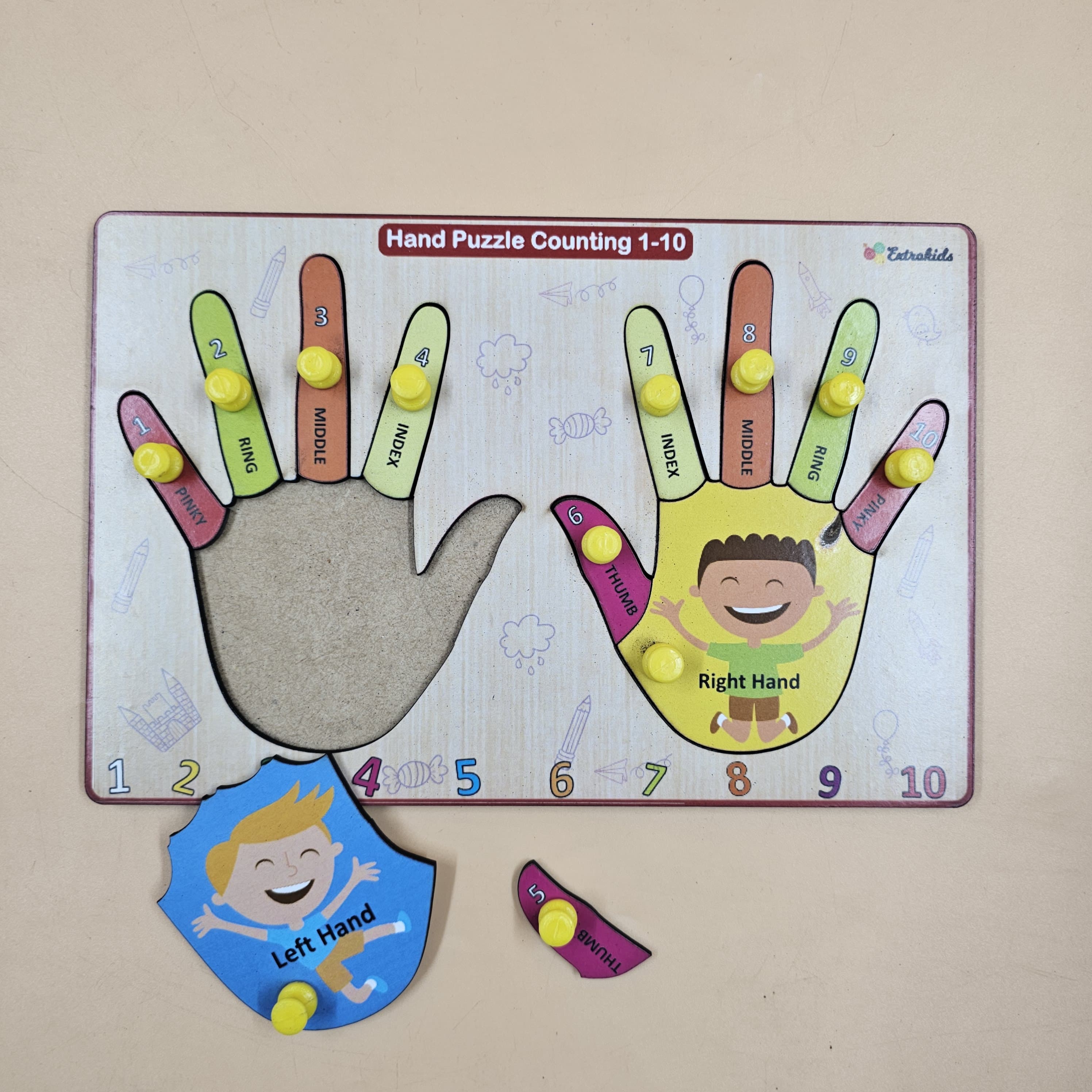 Extrokids Wooden Hand Puzzle Counting 1 to 10 Peg Board For Kids - EKW0292