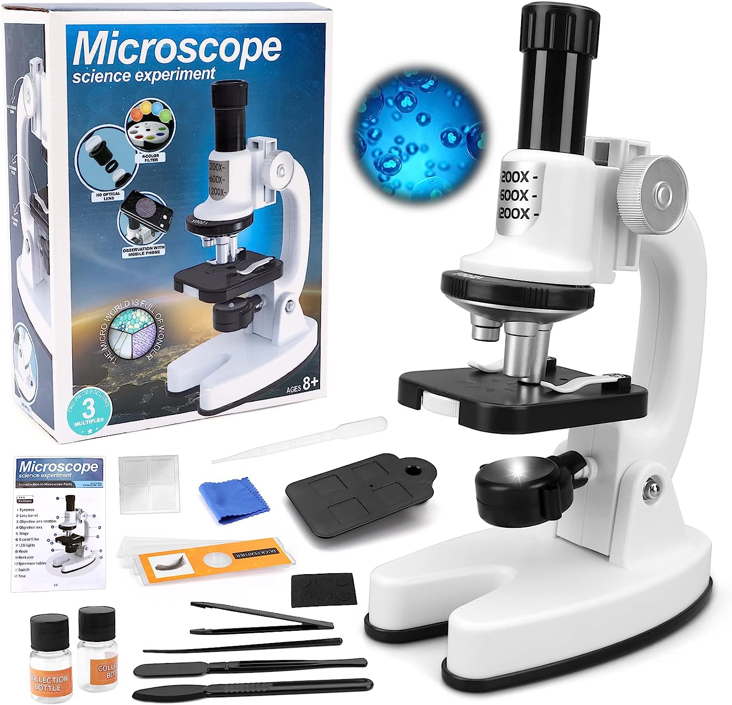 Kids Microscope, Portable Microscope Kit with LED Light and Mobile Phone Holder, Kids Beginner Educational Science Kit Toy for Kids Gift