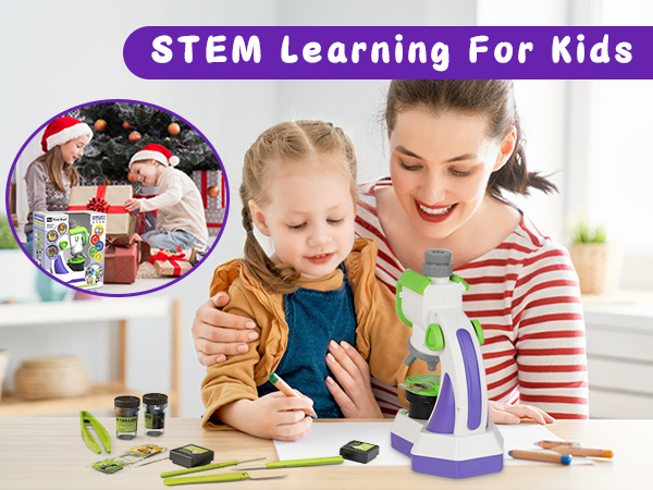 Kids Microscope 100x 400x 1200x Portable Microscope Kit with LED Light and Slide Beginner Educational Science Kit Study Educational Toys