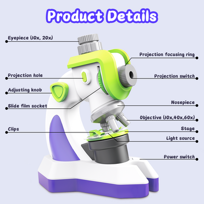 Kids Microscope 100x 400x 1200x Portable Microscope Kit with LED Light and Slide Beginner Educational Science Kit Study Educational Toys
