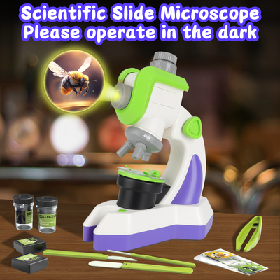 Kids Microscope 100x 400x 1200x Portable Microscope Kit with LED Light and Slide Beginner Educational Science Kit Study Educational Toys