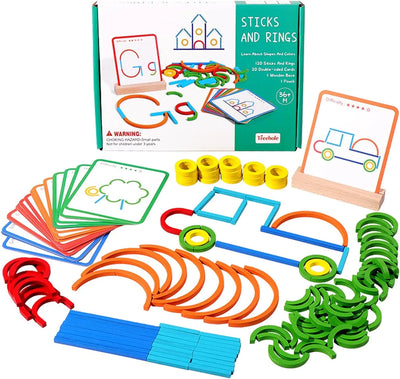 Fidtoy Cartes de puzzle assorties en bois avec bâtonnets et anneaux – Jouet de mémoire et de développement cognitif pour enfants