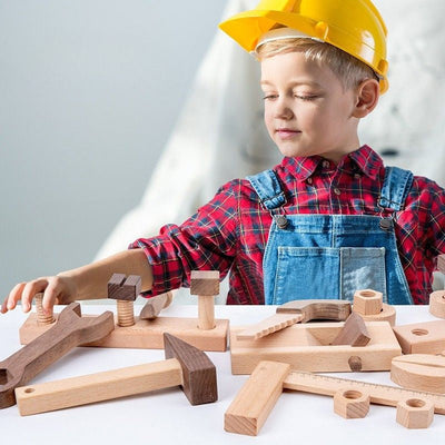 Ensemble d'outils en bois Montessori pour enfants – Kit de construction de jeu d'imitation avec boîte de rangement