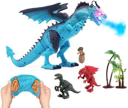 Remote Control Dinosaur Toy with Walking Simulated Roaring Fire Breathing Effect and Head-Shaking Functions for Kids 3 Mini Dino Figures