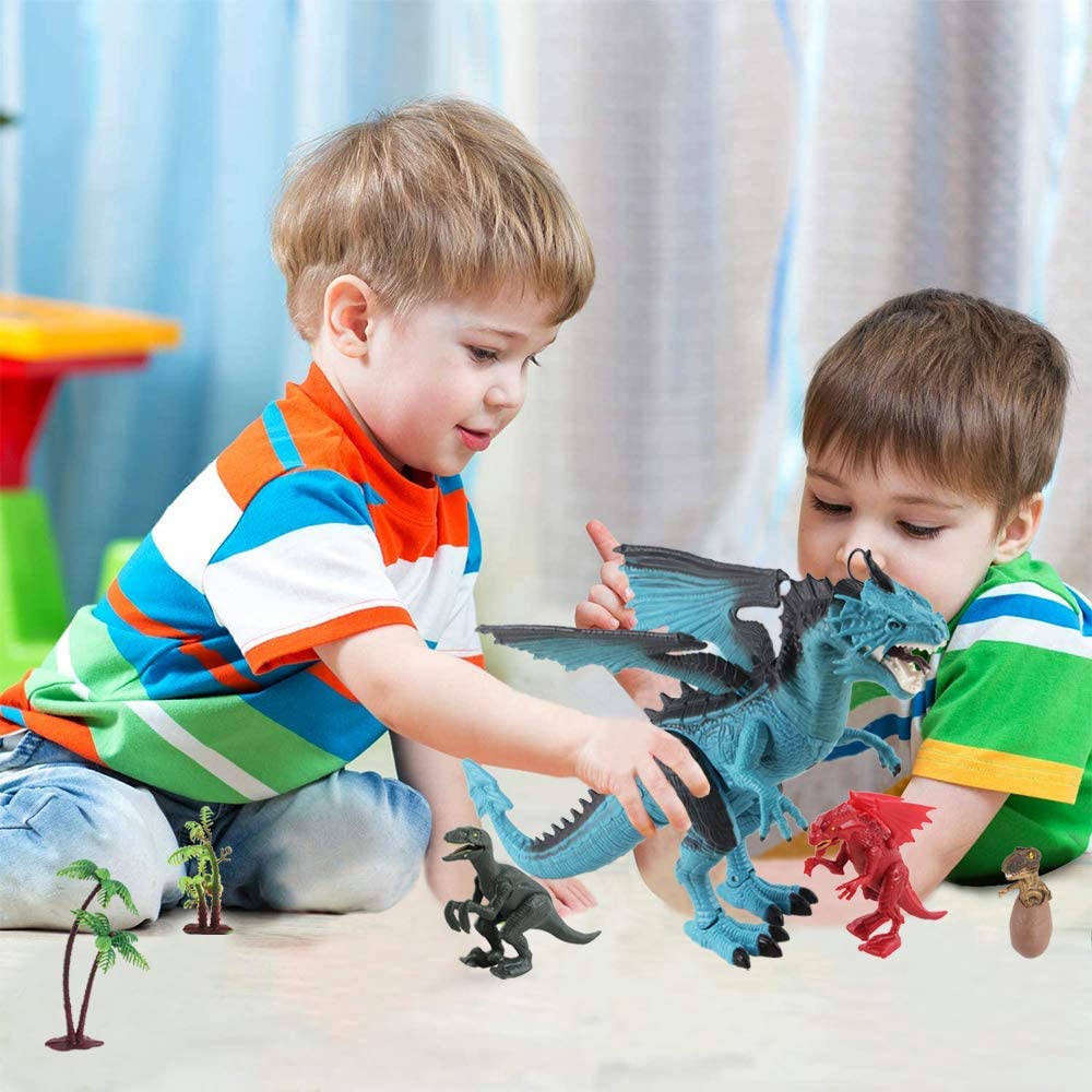 Remote Control Dinosaur Toy with Walking Simulated Roaring Fire Breathing Effect and Head-Shaking Functions for Kids 3 Mini Dino Figures