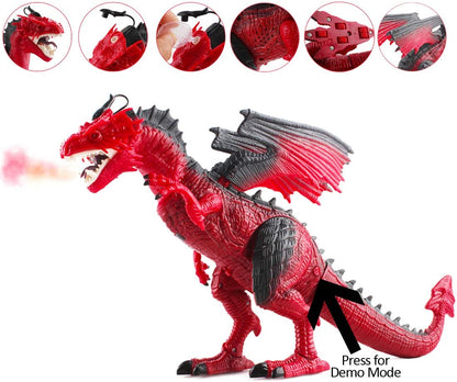 Remote Control Dinosaur Toy with Walking Simulated Roaring Fire Breathing Effect and Head-Shaking Functions for Kids 3 Mini Dino Figures Red