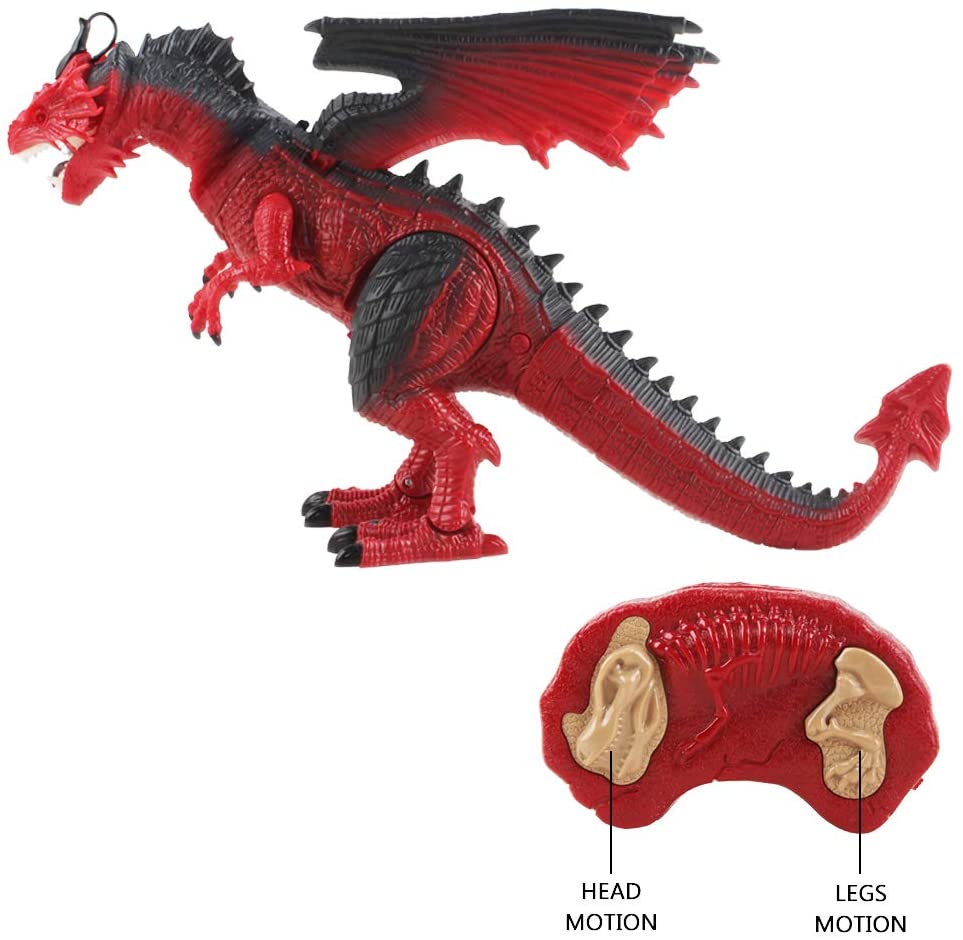 Remote Control Dinosaur Toy with Walking Simulated Roaring Fire Breathing Effect and Head-Shaking Functions for Kids 3 Mini Dino Figures Red