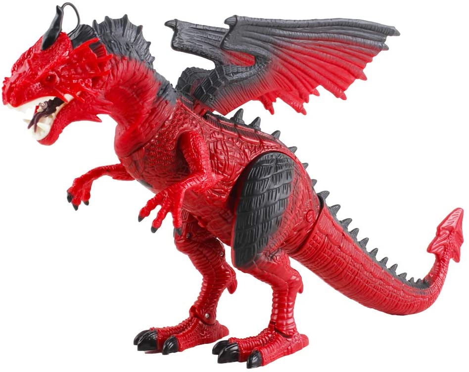 Remote Control Dinosaur Toy with Walking Simulated Roaring Fire Breathing Effect and Head-Shaking Functions for Kids 3 Mini Dino Figures Red