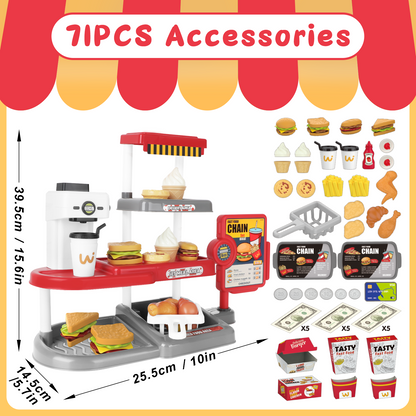 71Pcs Kids Fast Food Playset Caterer Kitchen Toy Set with Cash Register & Drink Dispenser