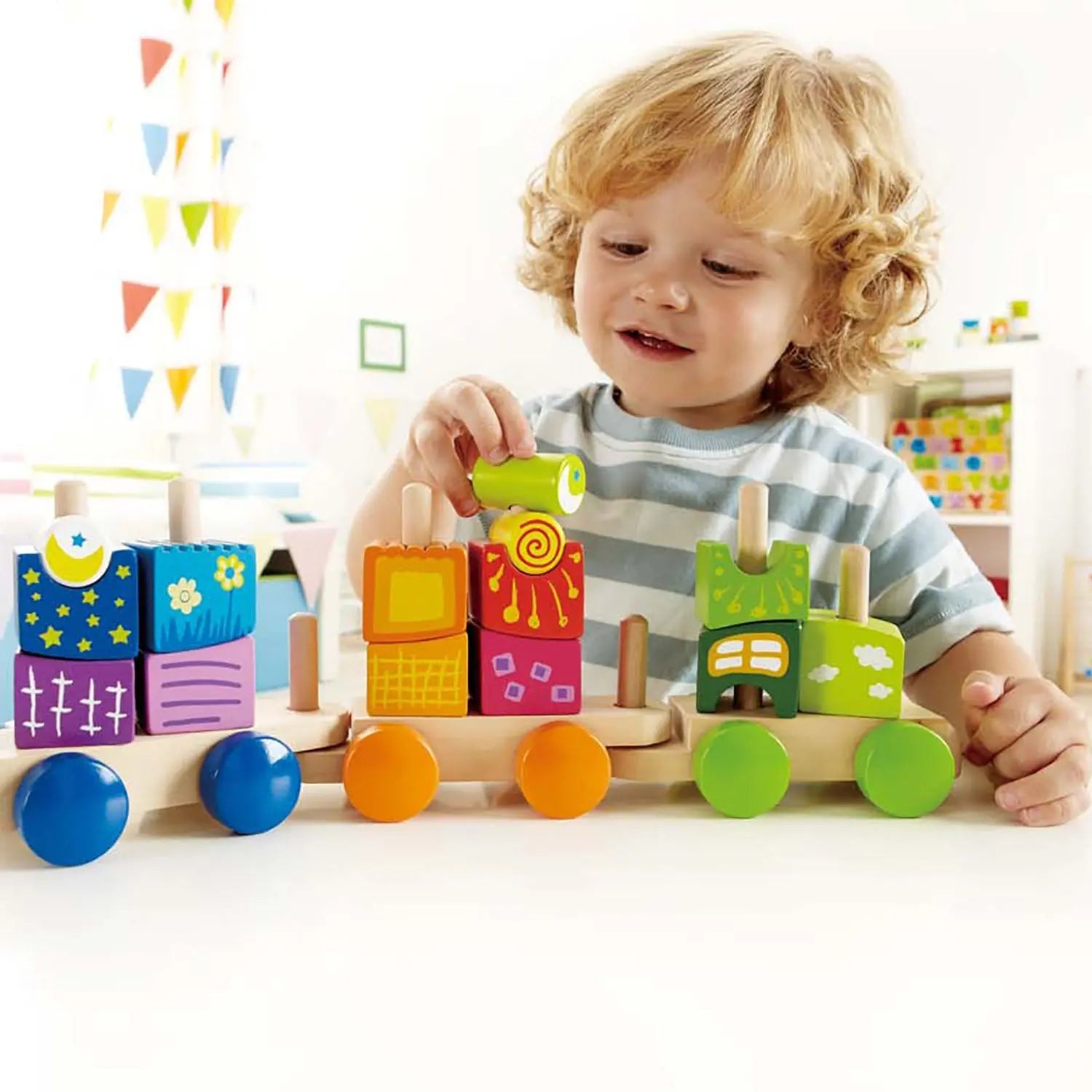 Fidtoy Jouet Train en Bois 17 Pièces – Jeu d'apprentissage et d'empilage pour Tout-petits