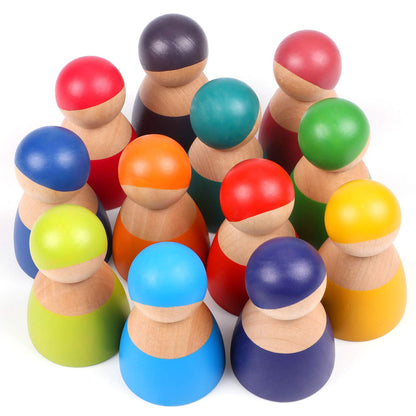 12 Piece Rainbow Wooden Peg People Set - Open Ended Wooden Toys