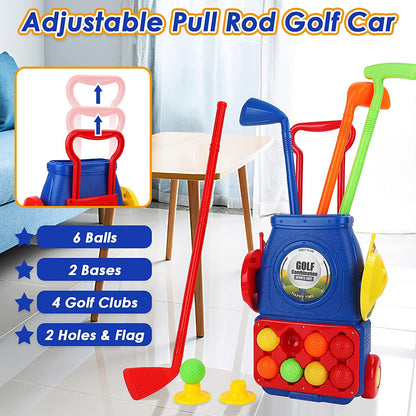 Kids Golf Suitcase Toy Set Outdoor Indoor Sports Toys with 6 Balls 4 Golf Clubs 2 Practice Holes Golf Clubs Set Garden Game for Kids