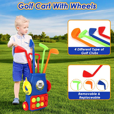 Kids Golf Suitcase Toy Set Outdoor Indoor Sports Toys with 6 Balls 4 Golf Clubs 2 Practice Holes Golf Clubs Set Garden Game for Kids