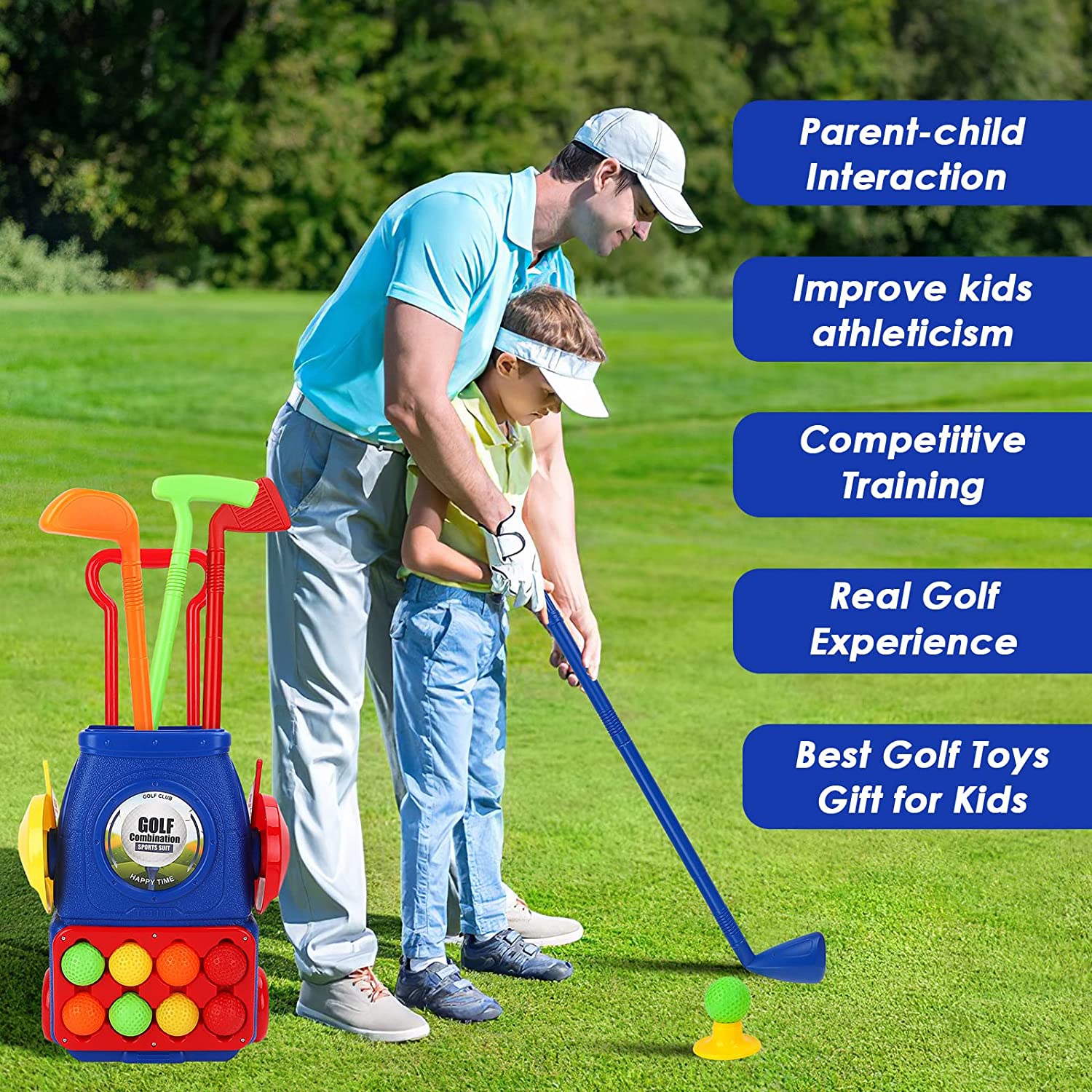Kids Golf Suitcase Toy Set Outdoor Indoor Sports Toys with 6 Balls 4 Golf Clubs 2 Practice Holes Golf Clubs Set Garden Game for Kids