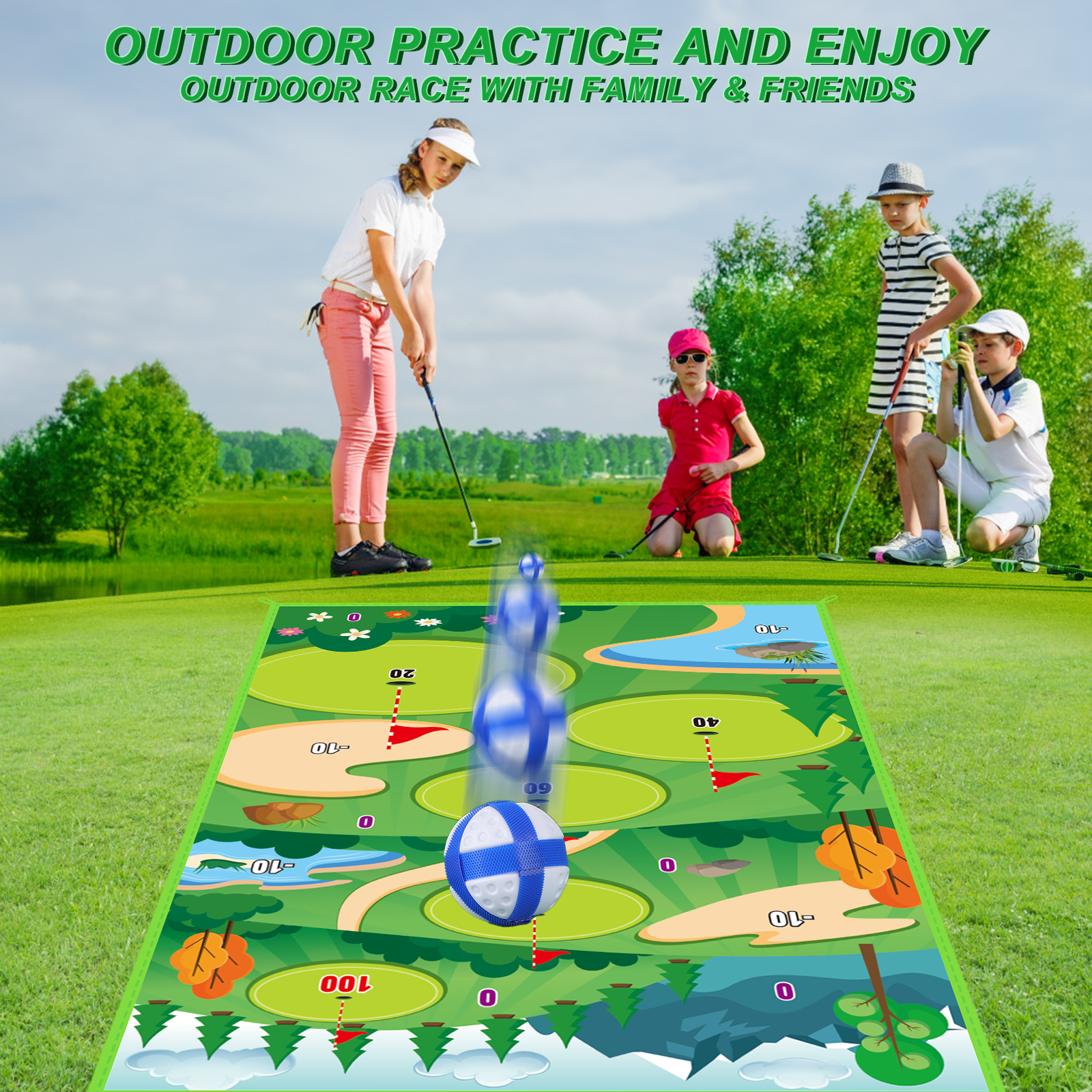 Outdoor Toy Golf Chipping Game Set with Golf Hitting Practice Mat for Kids