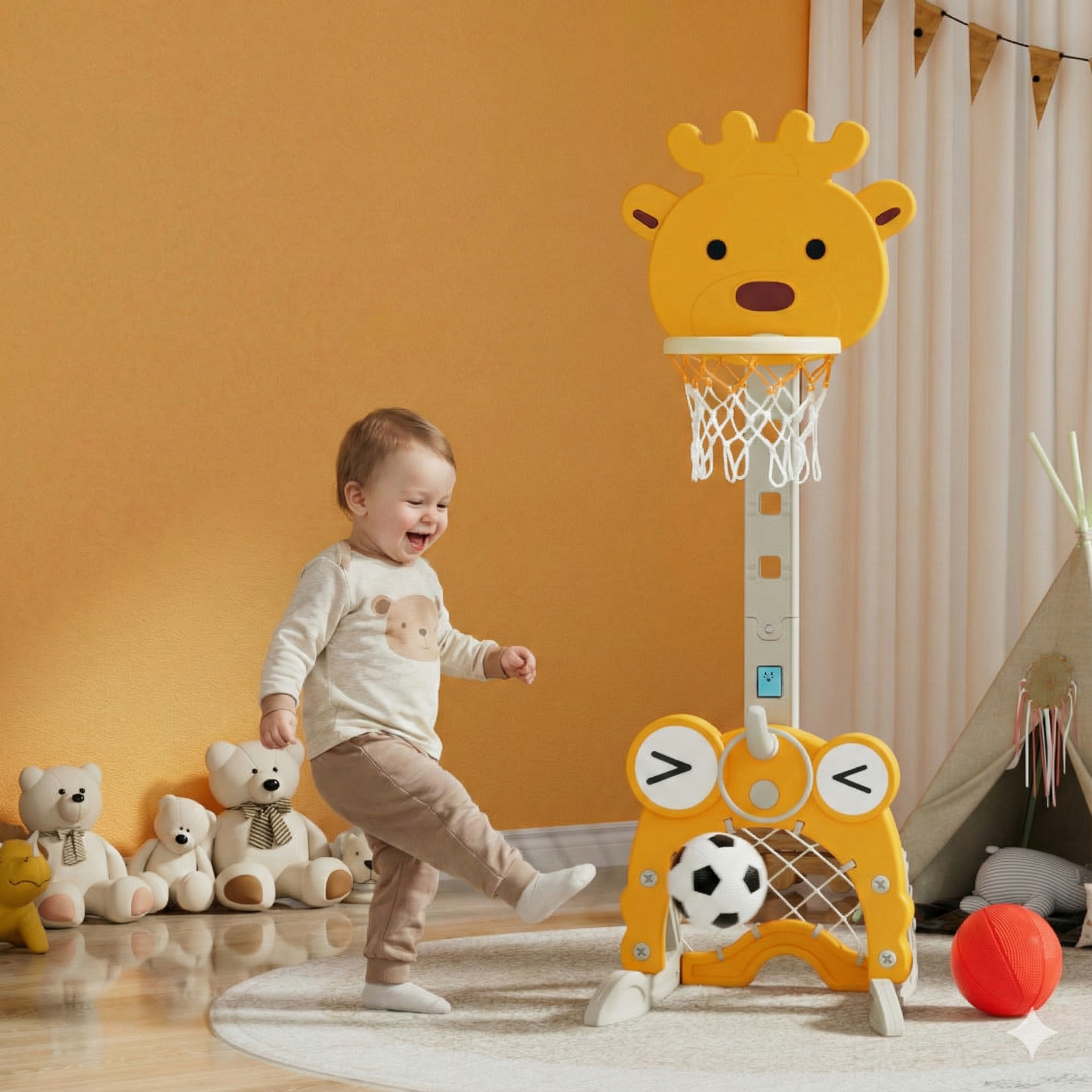 Ensemble de panier de basket réglable pour enfants avec football, golf, lancer d'anneaux et boîte à musique – Jouet de sport