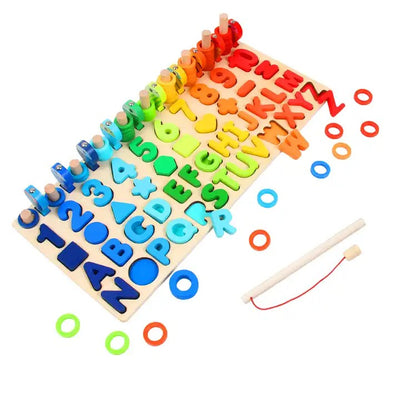 Fidtoy Montessori Wooden Numbers & Letters Learning Board – Magnetic Fishing & Shape Sorting Toy